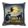 Halloween kussenhoes met zwarte kat en heks op zachte perzikhuid decoratiestof - Heks Ketel Zwarte Kat Retro Illustratie (26) / 45x45cm