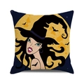 Halloween cartoon witch and full moon square cushion cover in durable cotton linen - Blue Moon Witch Bat (35)
