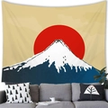 Tapiz japonés Ukiyo-e del Monte Fuji y sol rojo colgado sobre un sofá gris - 100x70(Piel de Melocotón) / Minimalist Fuji Sun