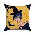 Cartoon witch and full moon Halloween decorative linen pillowcase for sofa decor - Fashion Short Hair Witch (38)