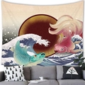 Tapiz japonés Ukiyo-e con carpa koi rosa saltando sobre olas de color azul oscuro - 100x70(Piel de Melocotón) / Rustic Wave & Koi