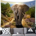 Detail of African elephant tapestry hung as cozy wall decor above a grey living room sofa - 100X70 / Elephant in Purple Flowers (Style 8)