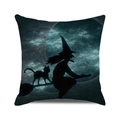 Halloween pillow cover featuring a witch riding a broom with a black cat on dark blue - Fantasy Nebula Witch (22)