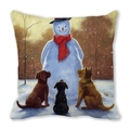 Kerst kussensloop van perzikhuid met een afbeelding van sneeuwpop en honden - 45x45cm / Sneeuwpop En Drie Honden Stijl (11)