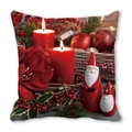 Christmas pillow cover with red candles, Santa figurines, and berries print on fabric - Red Candles and Santa Claus Ornament (3)