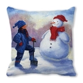 Kerst kussensloop van perzikhuid met olieverfprint van kleine jongen en sneeuwpop - 45x45cm / Jongen Praat Met Sneeuwpop Stijl (12)