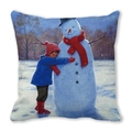 Kerst kussenhoes met olieverfschilderij van kind dat een sneeuwpop omhelst - 45x45cm / Kind Knuffelt Sneeuwpop Stijl (13)