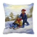Vierkant kerstkussen met olieverfschilderij van kinderen op een winterslee - 45x45cm / Kinderen Sleeën Stijl (15)