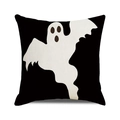 Detail of Halloween throw pillow cover with white ghost on black linen background - Black Background White Dancing Ghost Style (6)