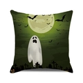 Detail of Halloween cushion cover with cartoon ghost, moon and bats digital print - Dark Green Background Ghost Full Moon Style (11)