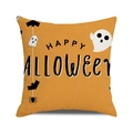 Macro shot of Halloween throw pillow cover with orange linen texture and ghost graphics - Orange Happy Halloween Text Style (13)
