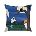 Macro shot of Halloween cushion cover fabric with ghosts, pumpkins and owls print - Midnight Cemetery Hand-drawn Art Style (18)
