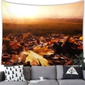 Dettaglio di un arazzo con foresta autunnale appeso sopra un divano in un interno caldo - 100cmx70cm (Peluche Corto) / Stile Foresta al Tramonto (7)