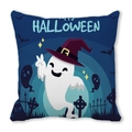 Halloween Kissenbezug mit süßem Geist und Hexenhut auf dunkelblauem Webstoff Motiv - Dunkelblauer Q-Stil Geist mit Zaubererhut (21)