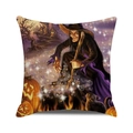 Halloween pillow cover featuring cartoon witch, pumpkin and black cat on purple background - Dark Purple Magic Starlight (31)