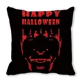 Detail des Halloween-Kissenbezugs mit rotem Clown-Druck auf schwarzem Pfirsichhaut-Stoff - Rotes Clown-Gesicht Silhouette Stil (3)