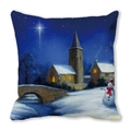 Kussenhoes met olieverfschilderij van winters tafereel, sneeuwpop en besneeuwde kerk - 45x45cm / Rustige Kerstnacht Stijl (21)