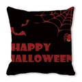 Close-up of Happy Halloween pillow case with red text, bats, and spiders on black fabric - Black Red Spider Web Bat Letters Style (5)