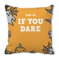 Macro detail of Halloween pillow featuring 'Join Us If You Dare' text and festive motifs - Bright Orange Spider Web Ghost Pumpkin Style (8)