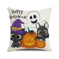 Λεπτομέρεια από λινό κάλυμμα μαξιλαριού Halloween με μαύρη γάτα και κολοκύθες - Φάντασμα Κολοκύθα Νυχτερίδα (2)
