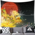 Detailed view of crane tapestry with red moon and autumn trees over a gray sofa - 150x100(Peach Skin) / Red Moon Autumn Forest (1)