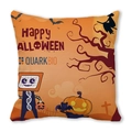 Detail of square Halloween cushion cover featuring cartoon pumpkin and robot on orange fabric - Orange Yellow Wizard Bat Robot Style (12)