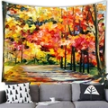 Arazzo artistico con paesaggio forestale autunnale appeso sopra un divano grigio - 100cmx70cm (Peluche Corto) / Stile Pittura a Olio Foresta Autunnale (1)