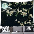Japanese tapestry with crane and moon design displayed over a sofa in a modern living room - 150x100(Peach Skin) / Night Sakura Starry Sky (2)