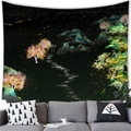 Detailed view of artistic Japanese crane tapestry hanging over a modern grey sofa - 150x100(Peach Skin) / Starry Mountain Path (4)