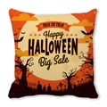 Detail of Halloween throw pillow featuring spooky castle, orange moon, and festive text - Orange Full Moon Dead Tree Cemetery Style (15)