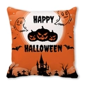 Detail of orange Happy Halloween pillow with pumpkin and castle silhouette prints - Orange Black Silhouette Pumpkin Castle Style (17)