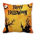 Detail showing Happy Halloween castle and bat print on peach skin fabric cushion - Orange Yellow Gradient Ghost House Style (19)