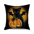 Detail of Halloween throw pillow featuring a cartoon black cat with wings on a pumpkin - Bat Wing Kitten Pumpkin (16)