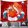 Arazzo in stile giapponese con carpa koi e porta tradizionale appeso sopra un divano - 100x70(Pelle di Pesca) / Carpe Koi che Saltano la Porta del Dragone (10)