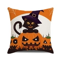 Halloween pillow case featuring cartoon black cat, jack-o'-lantern and spider web design - Wizard Hat Black Cat (19)