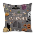 Quadratisches Halloween-Kissen mit Happy Halloween Text und festlichen Symbolen - Dunkelgraue Holzmaserung Happy Halloween Illustration (23)