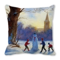 Kussensloop van perzikhuidstof met artistiek winters olieverfschilderij en sneeuwpop - 45x45cm / Sneeuwpop Bouwen Bij Zonsondergang Stijl (22)
