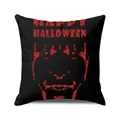 Close-up of Happy Halloween cushion cover with red spooky face and bold text details - 18x18 Inch / Red And Black Horror Face Style (3)