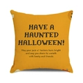 Detail of linen texture and Haunted Halloween text print on square festive pillowcase - 18x18 Inch / Haunted Holiday Greeting Style (10)
