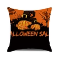 Detail of Halloween pillow cover featuring pumpkin and haunted house prints on linen fabric - Orange Black Castle Marketing Style (16) / 45x45cm