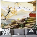 Japanischer Tusche-Wandteppich mit Bergen und traditionellem Haus über einem Sofa - 200X150 / Japanische Architektur Tinte (2)