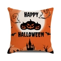 Detail of Happy Halloween pillowcase showing orange castle and pumpkin lamp patterns - Orange Ghost Castle Style (17) / 45x45cm