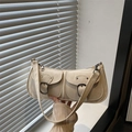 Chic cream white PU leather underarm bag with decorative dual pockets and vintage metal buckles - Solid Color Style / White