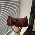 Retro burgundy semi-circle shoulder bag in matte suede with dual pocket front design - Solid Color Style / Red