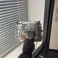 Silver sequin shoulder bag with metal chain strap and reflective metallic finish - Silver