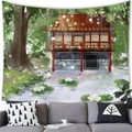 Detailansicht eines Wandteppichs mit japanischer Waldlandschaft, Pagode und Seerosen - 200X150 / Wald Wasserpavillon (4)