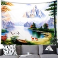 Detailed texture of wall tapestry featuring snow mountains, lakes, and deer in nature - Snowy Mountain Deer (5)
