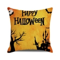Detail of Halloween pillow case with orange gradient background and silhouette castle design - Orange Yellow Castle Flying Bat (19) / 45x45cm