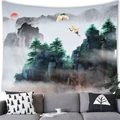 Detail of traditional Chinese ink landscape tapestry with mountains and red sun - Ink Red Sun Crane (10)
