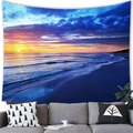 Detailed close-up of sunset beach landscape tapestry hanging above a grey sofa - Sunset Beach (5)